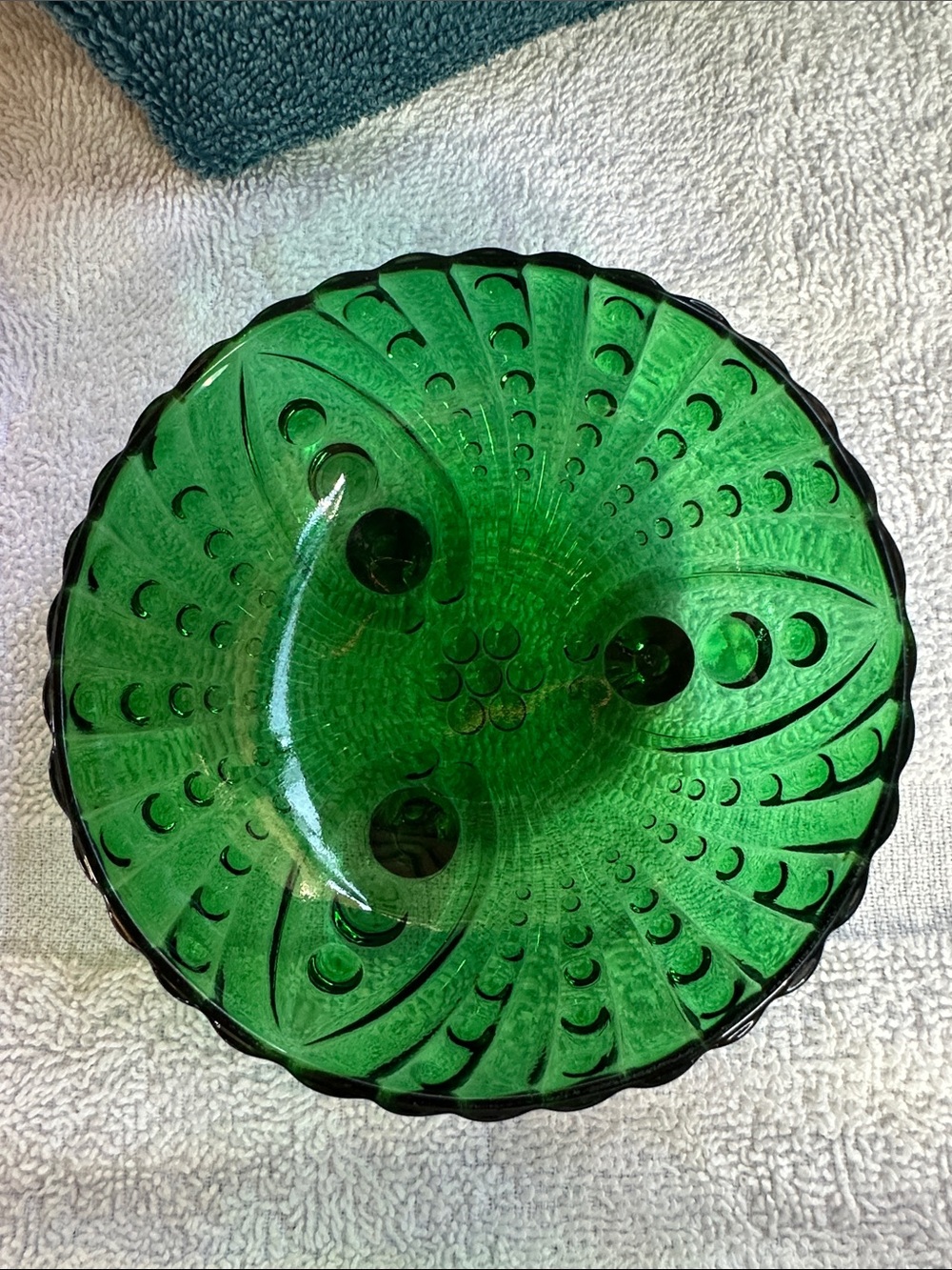 Vintage Anchor Hocking small green footed dish. Pearl and shell pattern